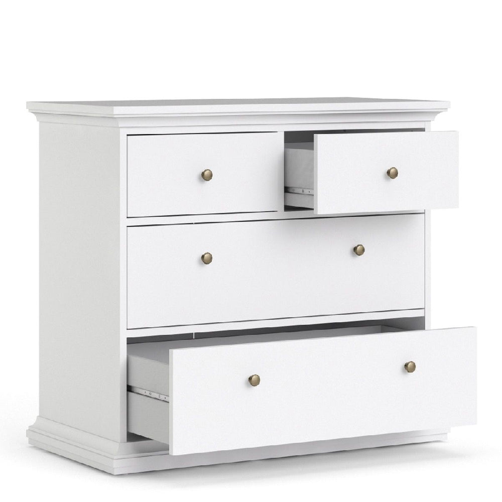 White wooden chest of drawers with 3 drawers and brass knobs - traditional bedroom furniture