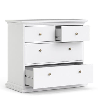 The CHOICEWARDROBE Parayo Wooden 3 Piece Bedroom Set in classic white includes a chest of drawers with simple lines and brass knobs, perfect for versatile storage and elegant as part of any traditional bedroom suite.