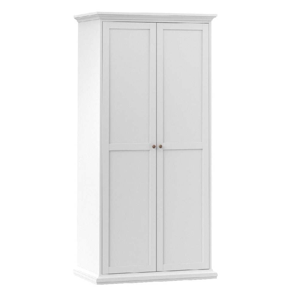 Classic white 2-door wardrobe with paneled doors and round handles, part of a bedroom furniture set.