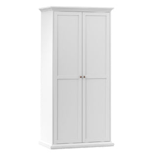 The CHOICEWARDROBE Parayo Wooden 3 Piece Bedroom Set includes a classic white 2 door wardrobe with paneled doors and small round handles, plus a chest of drawers and bedside table for elegant, traditional bedroom storage.