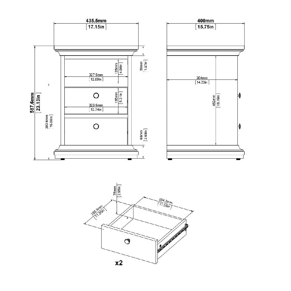 Technical drawing of CHOICEWARDROBE Parayo white bedside table with dimensions: H 587.6mm, W 435.5mm, D 400mm.