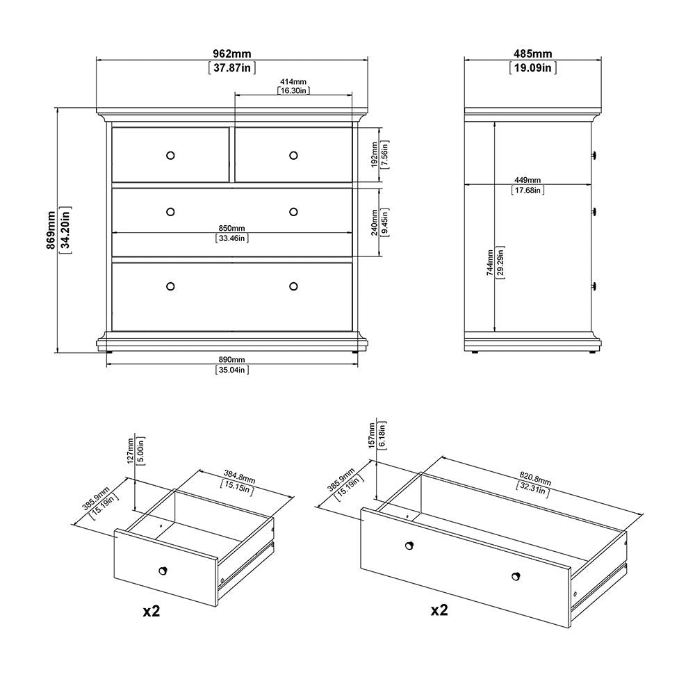White 3-drawer chest of drawers technical drawing with dimensions | CHOICEWARDROBE Parayo Bedroom Set