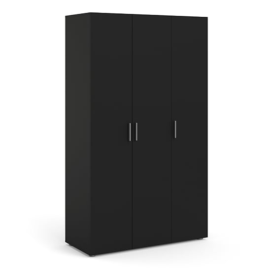 Black 3 door wardrobe with modern design and metal handles on a white background.