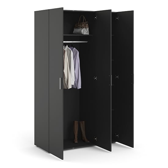 Black 3-door wardrobe with hanging rail, shelf for boots, and upper storage area.