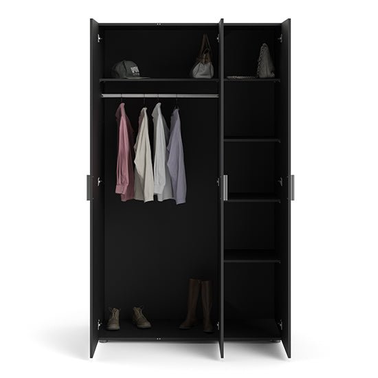 Black 3-door wardrobe interior with clothes on hangers, shelves, shoes, boots, bags, and hats.