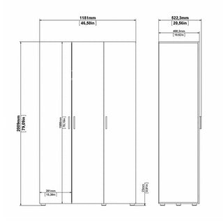 Technical drawing of CHOICEWARDROBE Parker Black 3 Door Wardrobe with metal handles, showing labeled dimensions: 2000mm (H), 1181mm (W), 522.3mm (D). Includes shelf and hinge placement. Measurements in mm and inches. Ideal bedroom storage.