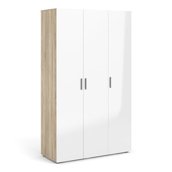 CHOICEWARDROBE Parker High Gloss 3 Door Wardrobe - white and oak finish with silver handles.