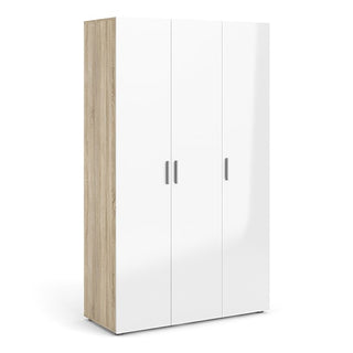 The CHOICEWARDROBE Parker High Gloss 3 Door Wardrobe in white and oak finish features sleek glossy doors with vertical silver handles, offering modern bedroom storage with a stylish flat base.