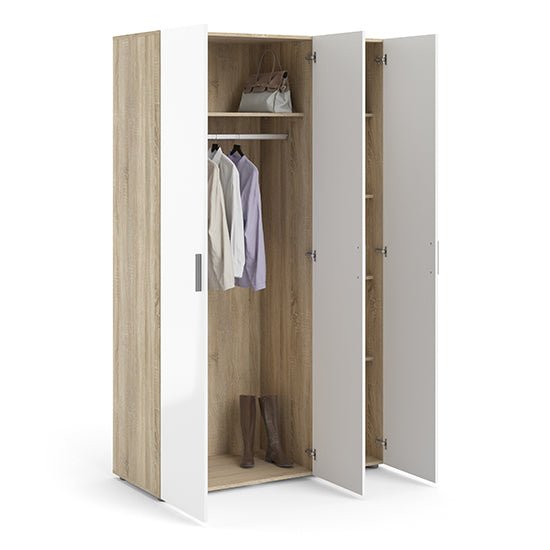 CHOICEWARDROBE Parker 3 door wardrobe in white and oak with internal shelves and hanging rail.