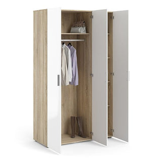 The CHOICEWARDROBE Parker High Gloss 3 Door Wardrobe in white and oak offers shelves, a hanging rod, and ample storage for clothes and accessories—perfect modern bedroom storage for a contemporary look.