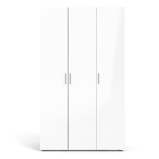 The CHOICEWARDROBE Parker High Gloss 3 Door Wardrobe in white and oak finish features a minimalist design with sleek silver handles, making it a stylish and modern storage solution for any bedroom.