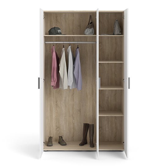 CHOICEWARDROBE 3 door white and oak wardrobe with hanging section and shelves.