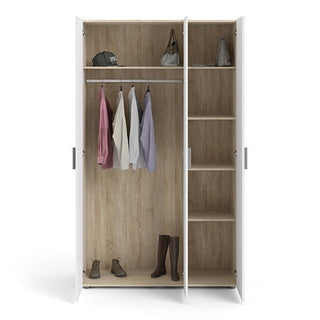 The CHOICEWARDROBE Parker High Gloss 3 Door Wardrobe in White & Oak Finish offers sleek modern bedroom storage, featuring a wooden interior with a hanging rod, shelves for accessories, and space for shoes—ideal for organized living.
