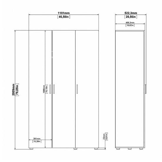 CHOICEWARDROBE Parker 3-door wardrobe technical drawing, 2009mm H x 1181mm W, with dimensions.