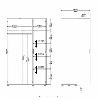 Technical drawing of the CHOICEWARDROBE Parker High Gloss 3 Door Wardrobe – White & Oak Finish, showing front and side views with labeled dimensions (mm/in) for shelves, compartments, overall height/width; arrows indicate shelf spacing.