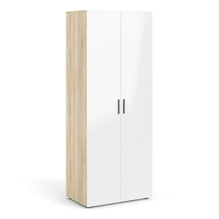 The CHOICEWARDROBE Parker High Gloss Wardrobe features 2 white front doors with sleek black handles and oak effect sides, all standing on a flat base for a modern, stylish look.