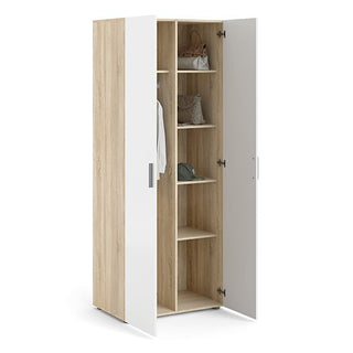 The CHOICEWARDROBE Parker High Gloss Wardrobe features 2 doors with a white front and oak sides, shelves on the right for bags and folded clothing, and a hanging rod on the left for clothes or bags.