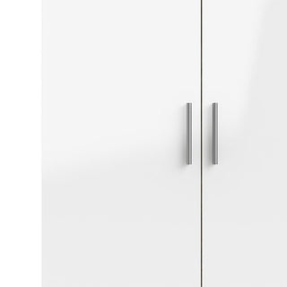 A close-up of the CHOICEWARDROBE Parker High Gloss Wardrobe featuring 2 white front doors, vertical silver handles, and oak sides, set against a plain white background.