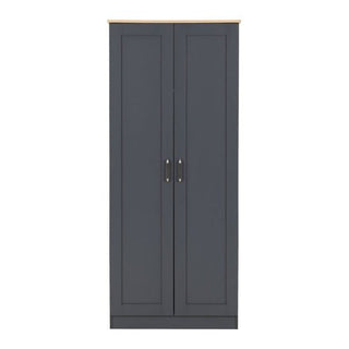 The CHOICEWARDROBE Parnu 2 Door Panelled Wooden Wardrobe, 80cm in charcoal grey with an oak effect top, features silver handles and modern storage with a hanging rail and shelves, displayed against a white background.