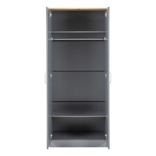 The CHOICEWARDROBE Parnu 2 Door Panelled Wooden Wardrobe (80cm), in charcoal grey with an oak effect top, features a modern compact design, a hanging rail, four shelves, sleek metal handles and offers stylish storage for any room.