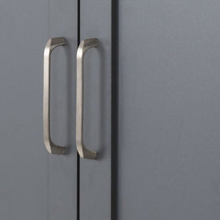 Close-up of two brushed metal handles on the CHOICEWARDROBE Parnu 2 Door Panelled Wooden Wardrobe (80cm Charcoal Grey with Oak Effect Top), positioned vertically and centered along the seam where the doors meet.