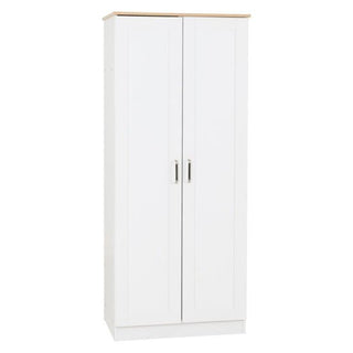 The CHOICEWARDROBE Parnu 2 Door Wooden Wardrobe in white & oak finish features a compact 80cm modern Scandinavian design with a hanging rail and shelf, offering stylish bedroom storage.