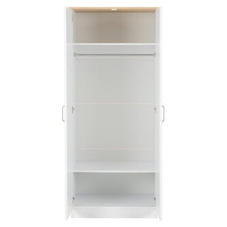 The CHOICEWARDROBE Parnu 2 Door Wooden Wardrobe in White & Oak Finish features a compact 80cm Scandinavian design, hanging rail, shelf, and metal handles—ideal for stylish and practical bedroom storage.