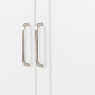 Two vertical silver handles accent the center edge of the CHOICEWARDROBE Parnu 2 Door Wooden Wardrobe in white & oak, offering a minimal, modern Scandinavian look perfect for stylish bedroom storage with hanging rail and shelf.