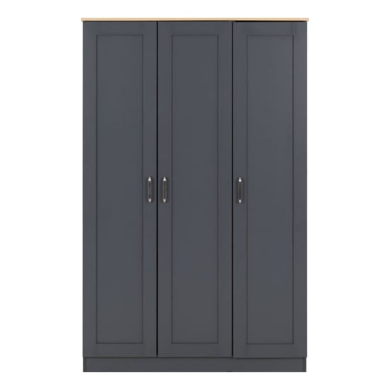 Grey 3-door wardrobe with panelled doors and oak trim