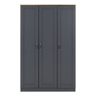 The CHOICEWARDROBE Parnu 3 Door Wooden Wardrobe in grey & oak finish features a modern panelled design, black handles, hanging rail, and shelving—ideal for stylish bedroom storage with a subtle wood-toned trim accent.