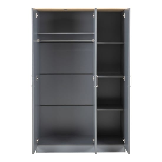 CHOICEWARDROBE Parnu 3 door wardrobe grey & oak, left side hanging rail & shelves, right side shelves