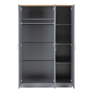 The CHOICEWARDROBE Parnu 3 Door Wooden Wardrobe in grey & oak features a modern panelled design, a hanging rail with open shelves on the left, and four open shelves on the right to showcase versatile bedroom storage.