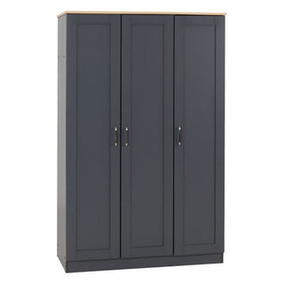 The CHOICEWARDROBE Parnu 3 Door Wooden Wardrobe in grey & oak features a modern panelled design, vertical handles, a hanging rail, and shelving storage—offering stylish and practical bedroom organization.