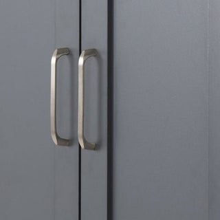 Close-up of silver handles on the CHOICEWARDROBE Parnu 3 Door Wooden Wardrobe in Grey & Oak Finish. Its matte surface and modern panelled design with hanging rail and shelving storage add style to any bedroom.