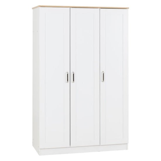 White and oak 3-door Scandinavian wardrobe with silver handles