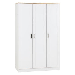 The CHOICEWARDROBE Parnu White & Oak Wooden Wardrobe is a modern Scandinavian 3-door wardrobe with silver handles, a light oak-effect top, and flat doors for sleek, contemporary bedroom storage.