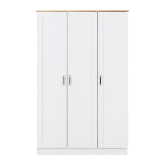 White oak effect 3 door wardrobe with recessed handles and light oak top