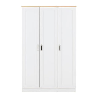 The CHOICEWARDROBE Parnu White & Oak Wooden Wardrobe, a modern Scandinavian 3 door wardrobe, features vertical paneling, recessed handles, and a light oak effect top, shown against a plain white background.