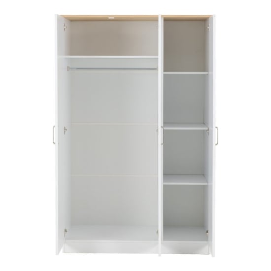CHOICEWARDROBE Parnu white and oak 3-door wardrobe open showing hanging rail and shelves
