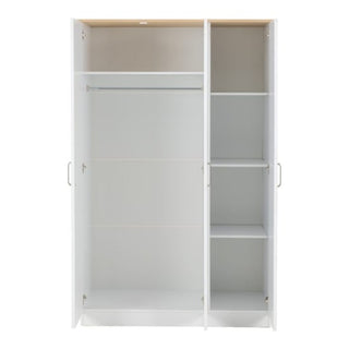 The CHOICEWARDROBE Parnu White & Oak 3 Door Wardrobe offers modern Scandinavian style with silver handles, a hanging rail and shelf on the left, plus four adjustable shelves on the right, giving you spacious and versatile bedroom storage.