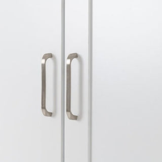 Two vertical silver handles are mounted on the white doors of the CHOICEWARDROBE Parnu White & Oak 3 Door Scandinavian Wardrobe, positioned parallel to each other at the center.