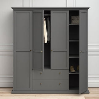 The CHOICEWARDROBE Paroya 4 Door 2 Drawer Panelled Wooden Wardrobe in matt grey, 200cm wide with classic Shaker design, stands against a white wall. Inside, shirts hang on a rail and shoes are stored on a lower shelf. Shelves are on the right.