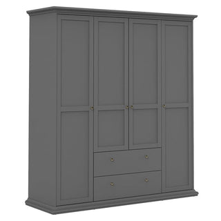 The CHOICEWARDROBE Paroya wardrobe features a matt grey shaker design with four paneled doors, two central bottom drawers, small round handles, and ample storage in a 200cm-wide wooden frame.