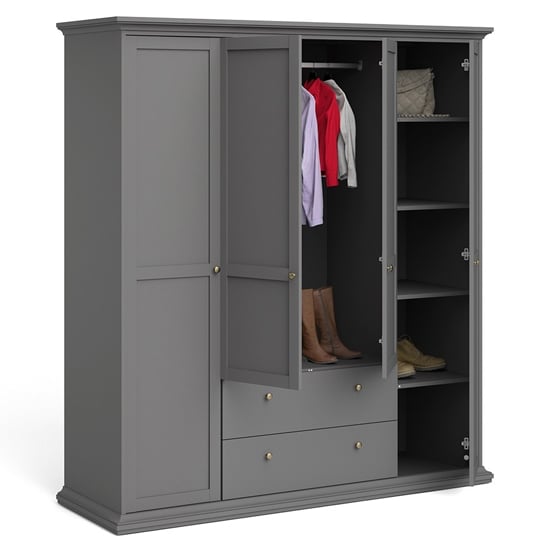 CHOICEWARDROBE Paroya matt grey 4-door, 2-drawer wardrobe with hanging rail, shelves, and boots.