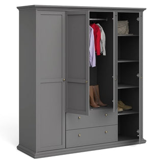 The CHOICEWARDROBE Paroya 4 Door 2 Drawer Panelled Wardrobe in matt grey (200cm wide) features closed left doors, a central hanging area with boots and drawers, plus right shelves for bags and shoes; classic Shaker design offers ample storage.
