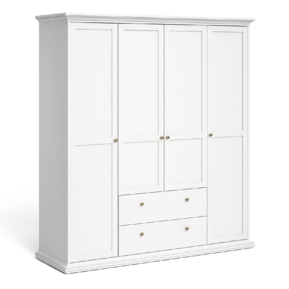 White 4-door, 2-drawer wardrobe with minimalist silver handles and paneled doors.