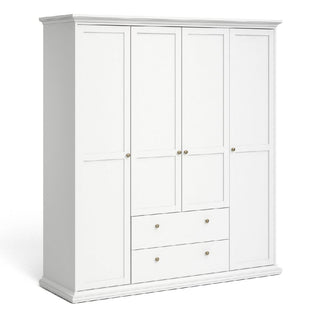 The CHOICEWARDROBE Paroya 4 Door 2 Drawer Wardrobe in white offers modern bedroom storage with hanging rail and shelves. Its clean-lined design features four paneled doors, two central drawers, and simple round metal knobs.