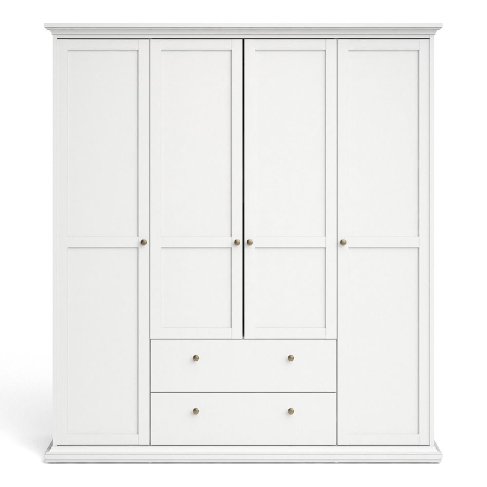 White 4-door, 2-drawer wardrobe with paneled doors and round handles