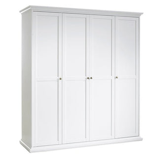 The CHOICEWARDROBE Paroya 4 Door Wardrobe in classic white offers ample hanging and shelf space with elegant panel detailing and round metal knobs—perfect versatile storage for any bedroom.