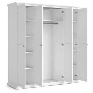 The CHOICEWARDROBE Paroya 4 Door Wardrobe in classic white offers elegant bedroom storage with shelves on each side and a central hanging section with a top shelf, providing ample space in a stylish 200cm-wide wooden finish.